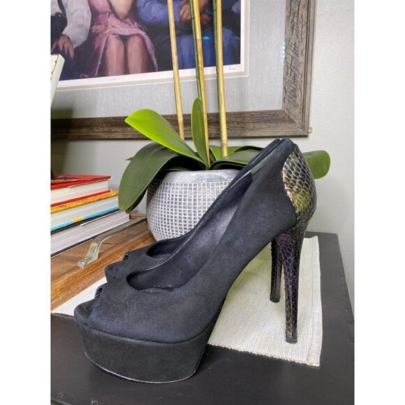 B Brian Atwood Blayne Black Suede Peep Toe Platform Pumps Women's Size 7 - Picture 2 of 11
